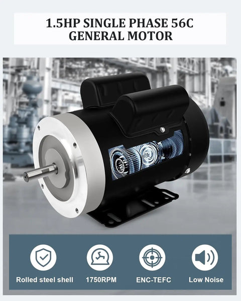 Beast 1.5HP Single Phase Air Compressor Motor With 1750 RPM 56C Frame Dual Voltage 115 230V visible on industrial background.