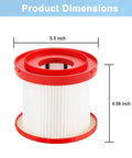 Dimensions of Two Pack HEPA Vacuum Filter For Wet Dry Vacuums, Fits M18 M12 M28 Cordless Models, features 5.5 by 4.56 inches