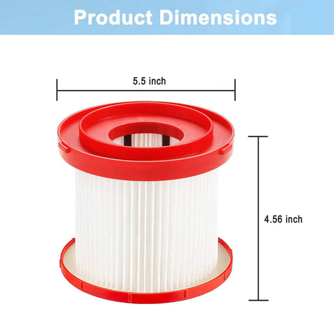 Dimensions of Two Pack HEPA Vacuum Filter For Wet Dry Vacuums, Fits M18 M12 M28 Cordless Models, features 5.5 by 4.56 inches
