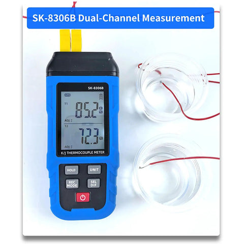Pro Grade Digital Thermocouple Thermometer With K And J Type Probes, displaying dual-channel temperature readings.