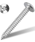 Rock Solid Number 10 Truss Head Screws With Phillips Drive Self Tapping Sheet Metal And Wood Fasteners Crafted From Durable 304 Stainless Steel One Point Five Inch Bright Finish Hardware 100 Piece Pack showing a close-up of a screw.