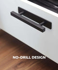 Stick On Cabinet Handles Matte Black 6 Inch No Drill Drawer Pulls shown on white cabinet with wood floor