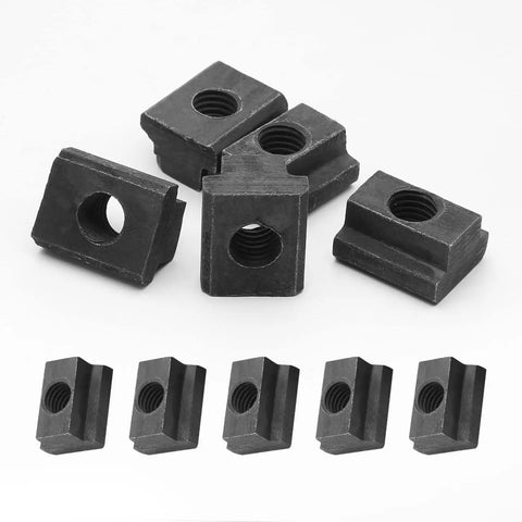 Premium Quality Heavy Duty M10 T Slot Nuts 3/8 Inch Thread Black Oxide Coated 5 Piece Set arrangement on white background.