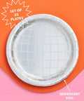 Disco Ball Paper Plates 25 Pack Nine Inch Iridescent Mirror Finish Party Dinnerware on orange and pink background