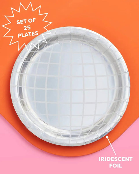 Disco Ball Paper Plates 25 Pack Nine Inch Iridescent Mirror Finish Party Dinnerware on orange and pink background