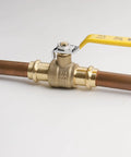 Side view of press ball valve fittings one half inch lead free brass 10 pack for copper tubing water HVAC and heating systems