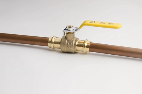 Side view of press ball valve fittings one half inch lead free brass 10 pack for copper tubing water HVAC and heating systems