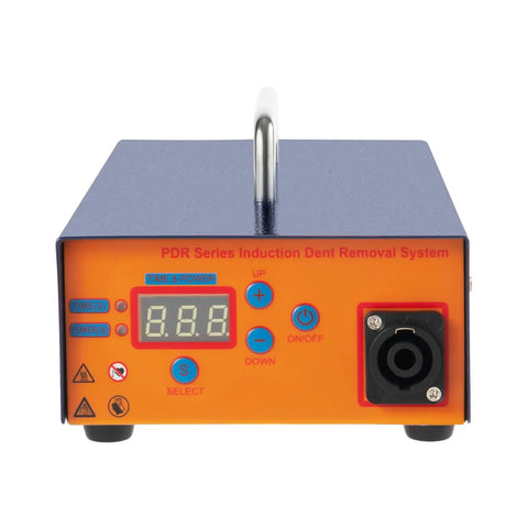 Front view of the blue and orange Paintless Dent Repair Kit With 1380W Induction Heater Pro PDR Tool Set In Magnetic Case Portable Auto Body Induction Repair Machine On The Go For Home Or Shop Suitcase Style Dent Removal Kit showing control panel and handle.
