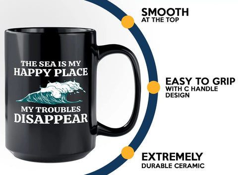 Nautical 15 Oz Coffee Mug For Boaters And Sailors A Hilarious Sailboat Glass Gift For Lake Lovers Sea Lovers And Captain Gifts Great For Morning Coffee On The Go showing boat design and handle details.