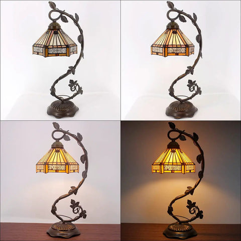Tiffany Style Stained Glass Table Lamp With Yellow Hexagon Shade, 8 Inch Lampshade, 21 Inch Tall, Bronze Resin Base, UL Listed Reading Light