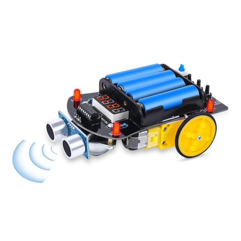 Ultrasonic Obstacle Avoiding DIY Car Kit For Teens And Newbies - Smart Robot with sensors, wheels, and circuit board side view