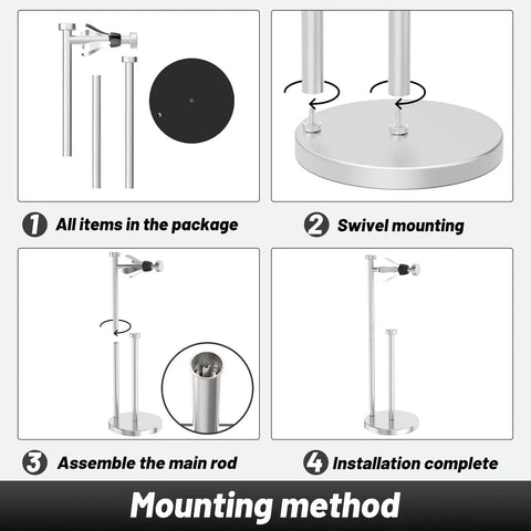Installation guide for One Hand Tear Free Damping Toilet Paper Holder Stand With Storage Built In, showing 4 assembly steps.