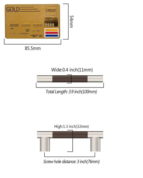 Diagram showing 10 Pack 3 Inch Brown And Satin Nickel Cabinet Pulls With Knurled Grip Coffee Silver Two Tone Handles dimensions.