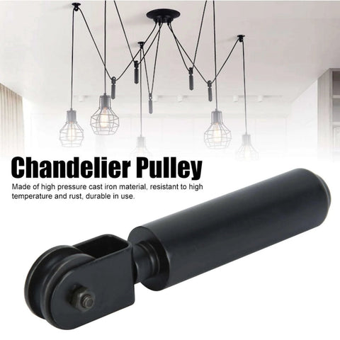 Chandelier Pulley Lighting Kit With Black Iron Wheel Bearing Rod For Easy Pendant Lifts And Swag Lamp Installations shown here