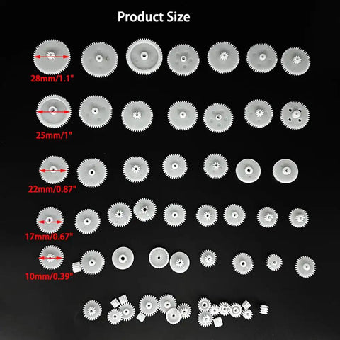 58 Pcs Small Gear Set Module 0.5 for DC Motor DIY Projects, Toys, RC Cars, Robots, Gear Diameters 3mm to 28mm Displayed by Size