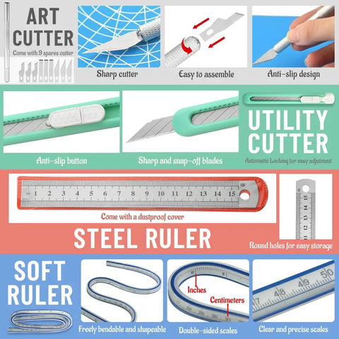 Various cutters and rulers from 80 Piece Model Tools Kit For Gundam Cars Airplanes And Buildings Complete Hobby Building Tools Set.