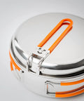 Stainless One Person Mess Kit For Camping And Backpacking with orange handle detail, lightweight durable dinnerware, glacier grade stainless