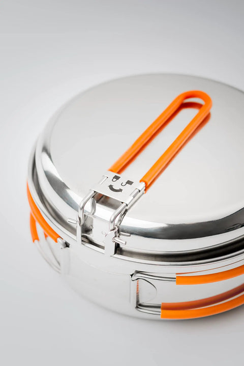 Stainless One Person Mess Kit For Camping And Backpacking with orange handle detail, lightweight durable dinnerware, glacier grade stainless