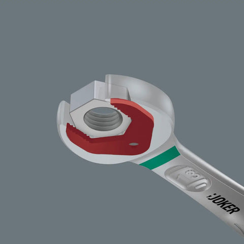 Close-up of Joker Ratcheting Combination Wrench 12x170.7mm Multi with jaw plate holding function gripping a nut