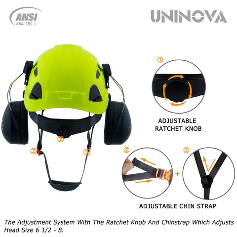3 In 1 Arborist Helmet With Visor And Earmuffs showing adjustable ratchet knob and chin strap, ANSI approved