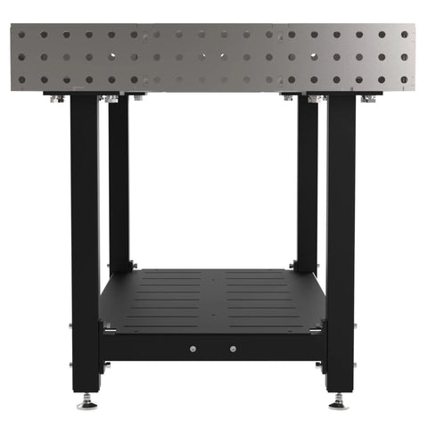 Heavy Duty Welding Fixture Table With Precision Laser Cut Holes And Storage Shelf Built Beefy For Garage Shop Projects showing a sturdy metal frame with a lower shelf.