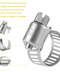Front view of WINL stainless steel hose clamp with worm-drive, 5/16–7/8 in (8–22 mm) range