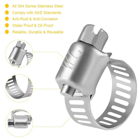 Front view of WINL stainless steel hose clamp with worm-drive, 5/16–7/8 in (8–22 mm) range