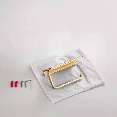 Solid Brass Toilet Paper Holder With Gold Finish, Hotel Style Tissue Roll Holder Plus Built In Cell Phone Shelf shown with hardware set