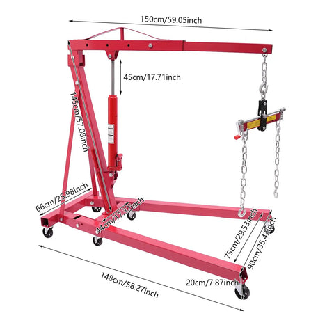 Hoss Strength Folding Engine Hoist With Lever 2 Ton Hydraulic Cherry Picker Heavy Duty shop crane with measurements.