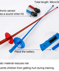 Totally Kid Friendly Fencing 3 Piece Practice Gear Set With Plastic Mask And Chest Protector For Foil Epee Sabre Training Lightweight Safe Swords For Boys And Girls Blue showing blue and red safe swords with electronic sensors and battery slot