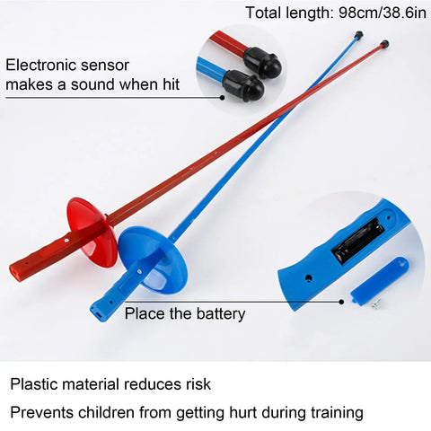 Totally Kid Friendly Fencing 3 Piece Practice Gear Set With Plastic Mask And Chest Protector For Foil Epee Sabre Training Lightweight Safe Swords For Boys And Girls Blue showing blue and red safe swords with electronic sensors and battery slot