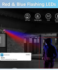 Outdoor Wireless Security Camera System With 130 Degree Wide Angle And 2 Way Audio Home Surveillance Kit With WiFi Video DVR detecting motion at night with red and blue LED alerts.