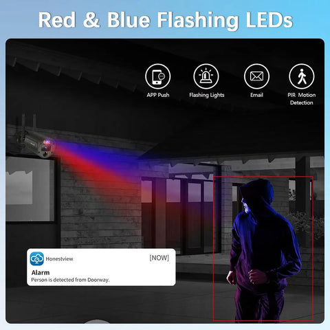 Outdoor Wireless Security Camera System With 130 Degree Wide Angle And 2 Way Audio Home Surveillance Kit With WiFi Video DVR detecting motion at night with red and blue LED alerts.