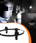 Hard Hat Welding Headlamp Accessory With Adjustable Headband And Universal Mount for welders in action and adapter close-up