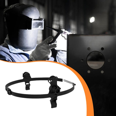 Hard Hat Welding Headlamp Accessory With Adjustable Headband And Universal Mount for welders in action and adapter close-up