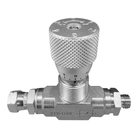 Tubular Hydraulic Bidirectional Flow Control Restrictor Valve With L08 Connector in carbon steel with visible STB-G3/8 markings
