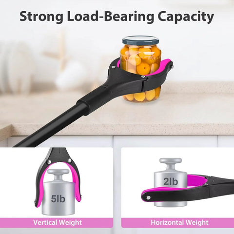Front view of a 36-inch foldable reacher tool with pink interior grip grabbing a jar on a kitchen counter.
