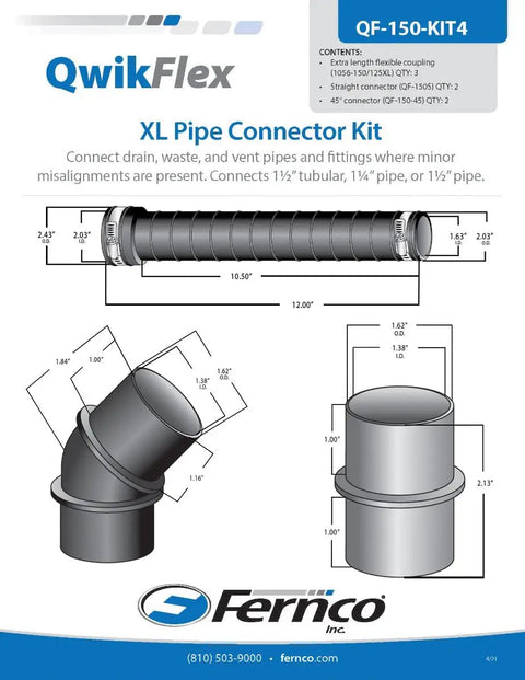 QwikFlex 36 Inch Flexible Pipe Connector Kit For Offset Or Hard To Reach 1-1/2 Inch SCH40 PVC DWV Connections, product diagram