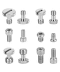 16 Piece Screw Nut Kit With 1/4-20, 3/8-16 And M5 Threads For DSLR Cage Rigs And Camera Accessories, shown in slotted and hex heads.