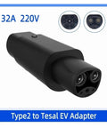 No Sweat Type Two Euro Adapter For Tesla Charging Plug 32 Amp Input 110 To 220 Volt Outlet 7Kw Fast Charge Connector close-up of black Type 2 EV adapter.