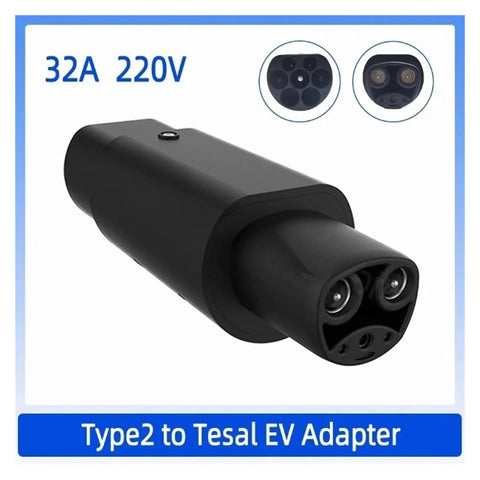 No Sweat Type Two Euro Adapter For Tesla Charging Plug 32 Amp Input 110 To 220 Volt Outlet 7Kw Fast Charge Connector close-up of black Type 2 EV adapter.