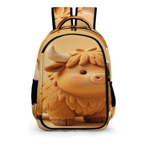 Kawaii Mini Cow Clay Art Printed Backpack For Everyday Use showing cute cow design on front, unisex large capacity