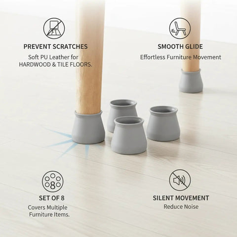 8 Pack Gray PU Leather Furniture Leg Protectors Keep Your Floors Slick With These Badass Scratch Resistant Pads That Glide Like A Dream On Hardwood And Tile Easy Chair And Table Foot Covers No Cap, showing gray leg protectors under furniture.