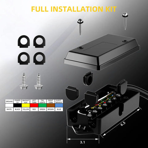 Built Like A Tank 7 Way Trailer Plug And Inline Connector Cord With Waterproof Junction Box installation kit components, 6.5 inches long