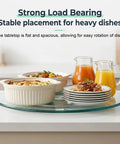 360 Degree Silent Spinner Glass Lazy Susan with dishes and pitchers, clear tempered glass turntable on dining table
