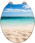Tropical Paradise Round Toilet Seat With Gentle Soft Close Hinges And Easy Peasy Quick Swap Brackets Killer Beach Umbrella Vibe, round resin seat with beach scene.