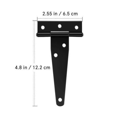 Six Pcs Beefy Heavy Duty T Hinges Thick Black Iron Gate Hinge with six set screw holes, 12.2x6.5 cm, 4.8x2.55 in dimensions