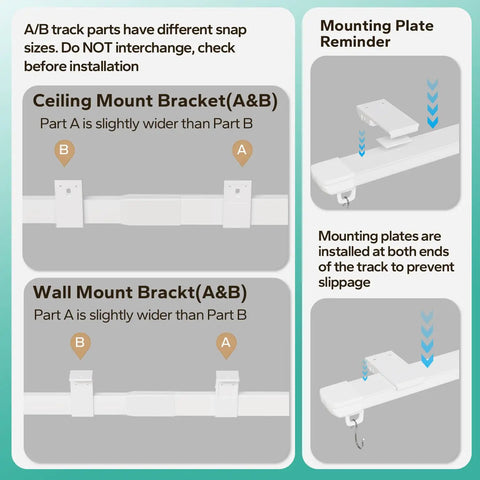 Retractable Ceiling Curtain Track Kit 11 To 12 Foot Aluminum White Rod System With Adjustable Length Includes Track Connectors Rollers Stainless Hooks Screws And Ceiling And Wall Mount Brackets For Quick No Cutting Needed Install mounting bracket A and B guide