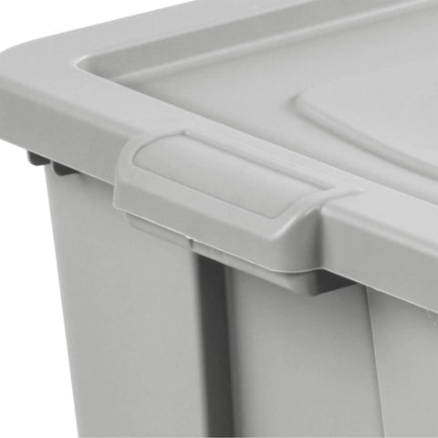 Close-up of a gray lid and handle of Tough As Nails 30 Gallon Storage Bins With Secure Lids Heavy Duty Plastic Totes.