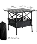 Foldable Aluminum Beach Table For Camping And Outdoors Ultra Lightweight And Rust Resistant Easy Fold And Unfold In Seconds 20 X 20 Inch Portable Camp Table With Storage Bag Ideal For Picnics Beaches Hiking And Grilling, shown folded beside storage bag.